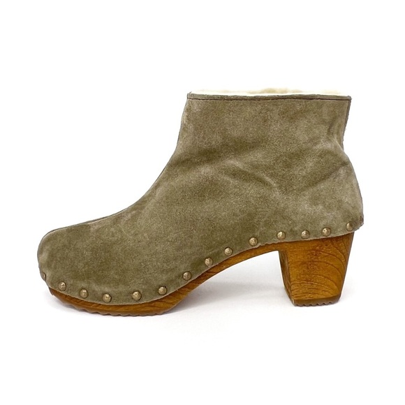 Bosabo Ankle Boots Sage Green Suede Upper Wooden Sole Size 8 Shearling lined EUC - Picture 5 of 14